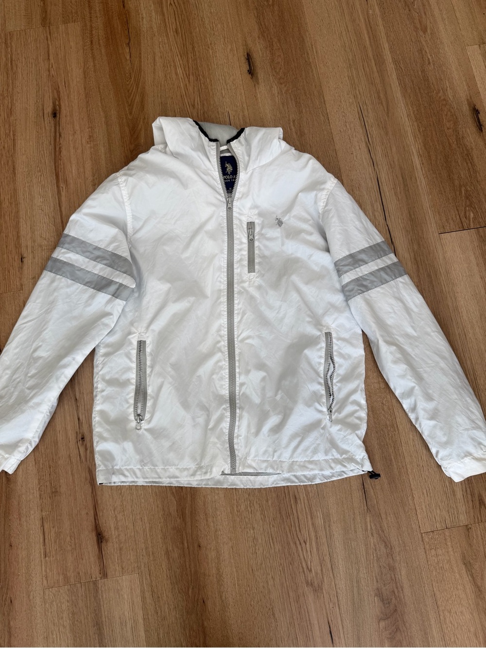 U.S. Polo Assn. White Hooded Windbreaker with Silver Stripe Accents